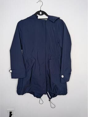 Burberry Coat Womens M Blue Hooded Rain Zip Drawstring Hem Pockets Lined